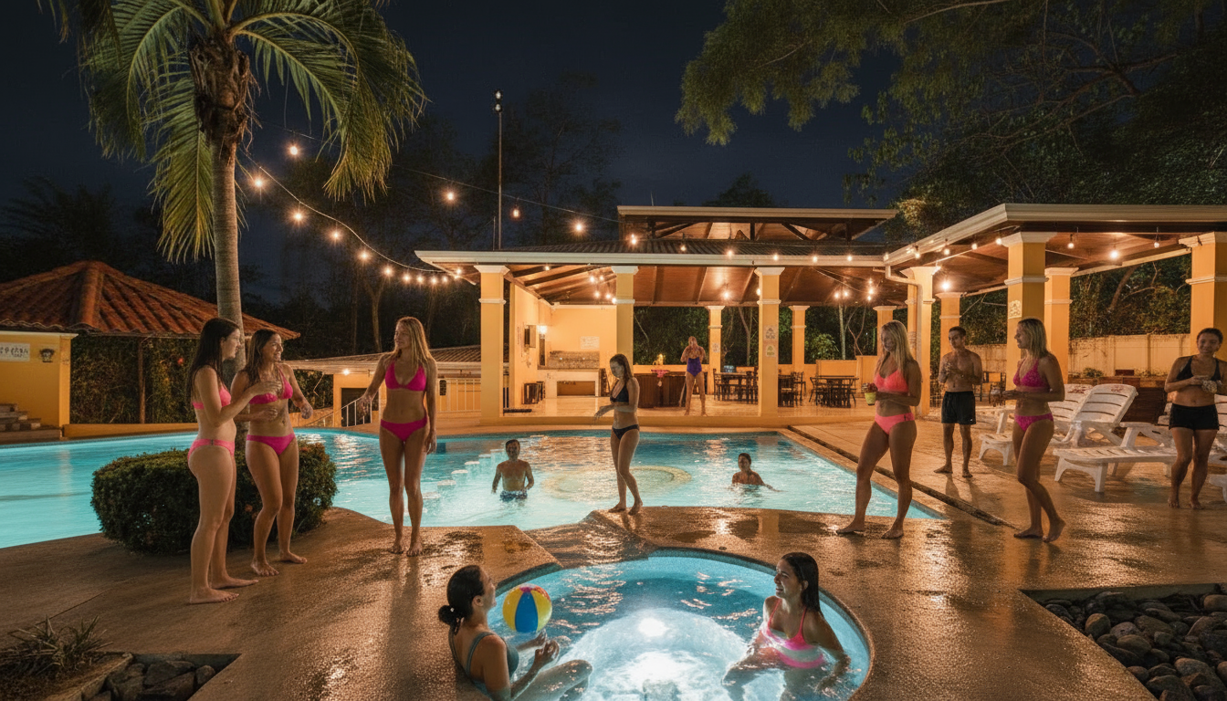Villas Oasis Guacalillo de noche con piscina iluminada